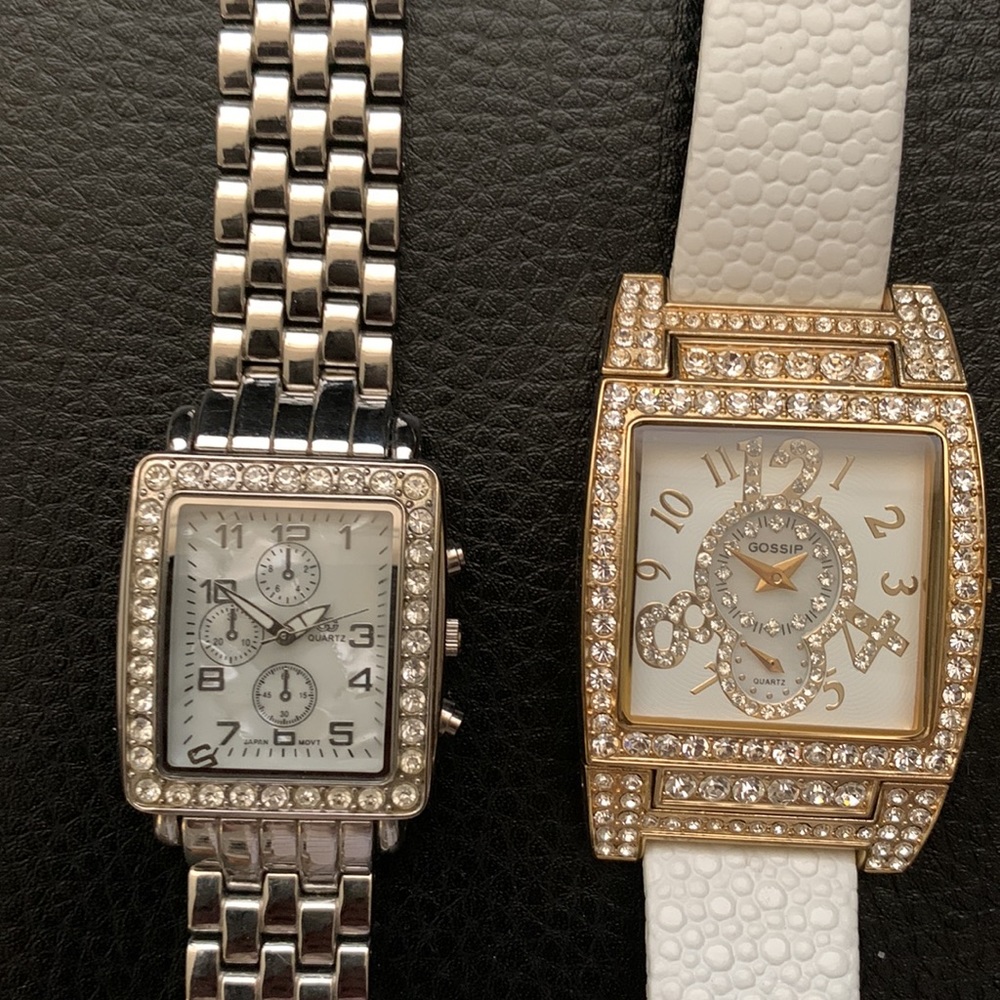 🛍️SALE! Crystal White Leather Band Analog + Silver Watch Lot of 2 Gossip Brand